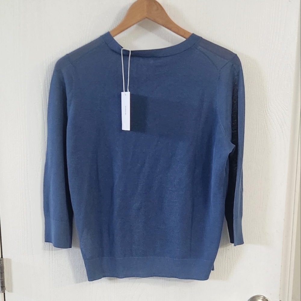 Vince Sheer Textured Knit Crewneck Pullover‎ Blue Womens  Top